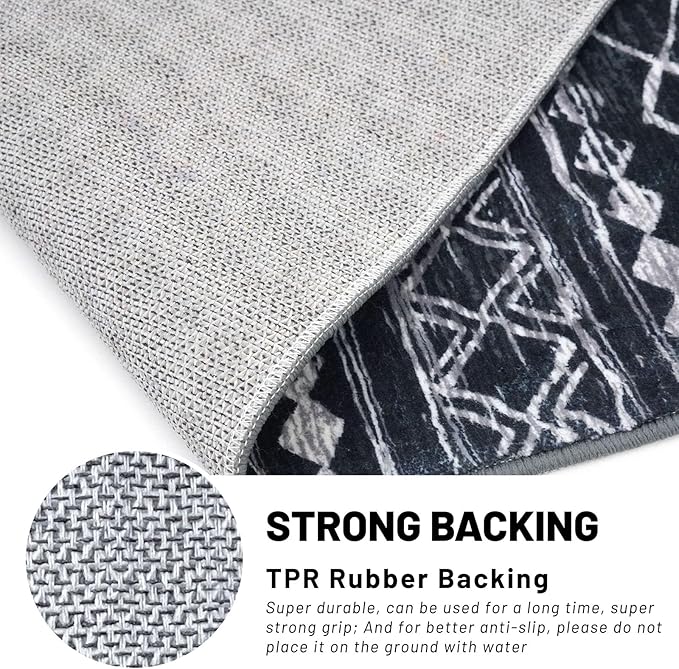 KUTA Boho Moroccan 3x5 Entryway Rug, Black Non-Slip Washable Low-Pile Living Room Area Rug, Ultra Soft Distressed Geometric Print Throw Carpet for Entrance, Bedroom, Nursery, Dorm, Kitchen