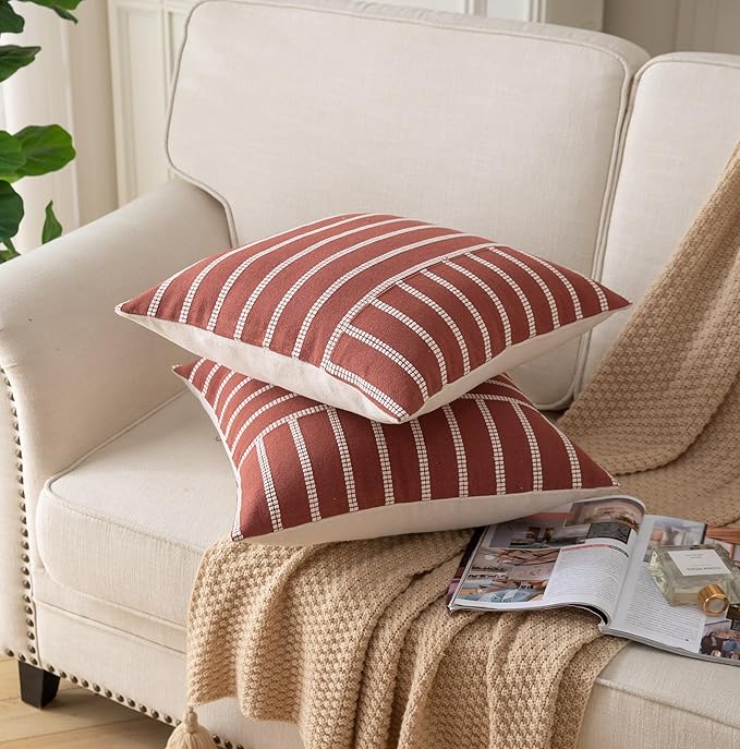 Caflife Boho Throw Pillow Covers 20x20 Set of 2 Soft Farmhouse Decorative Couch Pillow Cases Rust Striped Pillow Covers Neutral Cushion Covers for Sofa Bed Living Room Home Decor