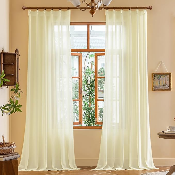 MAIHER 72 Inch Wide Pinch Pleat Curtains 96 Inches Long for Bedroom Sheer Pleated Drapes with Ajustable Hooks Light Filtering 96 Inch Length Curtains for Track System, Beige, 72" W x 96" L, 2 Panels