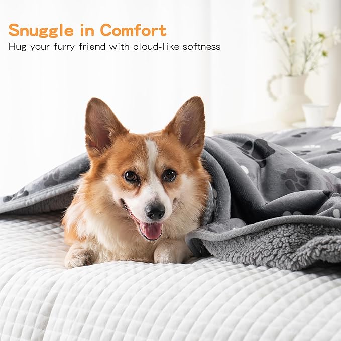 Waterproof Dog Blankets Pet Blanket, Soft Fluffy Sofa Car Bed Protector, Reversible Sherpa Fleece Dog Blanket for Large Dogs (Dark Grey-Paws, 50"x60")