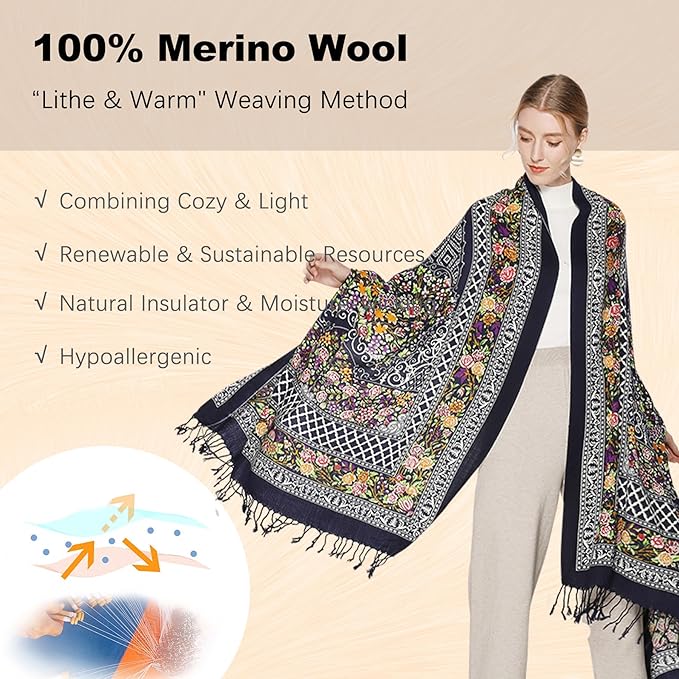 DANA XU 100% Merino Wool Pashmina Shawl for Women 96"x43", Oversized Cashmere Wrap with Tassels, Floral Travel Blanket Cape