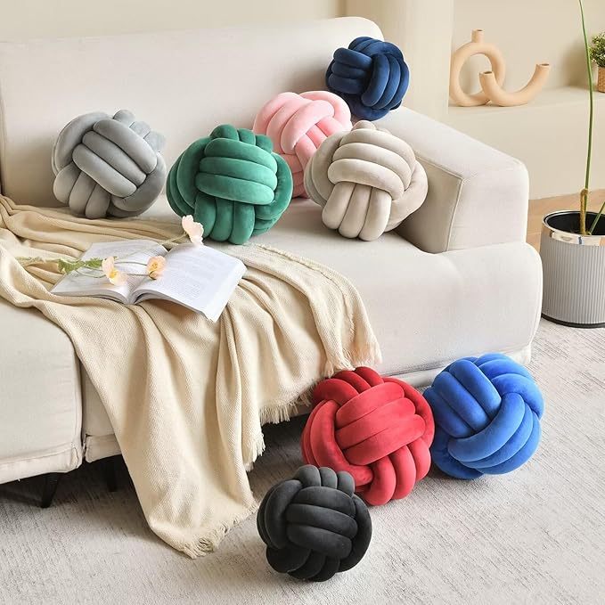 Decorative Throw Knot Pillow Ball for Home Chair Sofa Couch Bed Aesthetic Round Velvet Knotted Pillow Cushion (Pink, 11 inches)