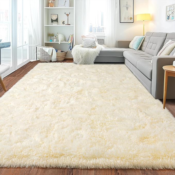 Upgrade Non-Slip Plush Rugs Fluffy Area Rugs for Living Room, Soft Shaggy Carpets for Living Room, Perfect Decor for Modern Home Light Champagne 6x9 Feet