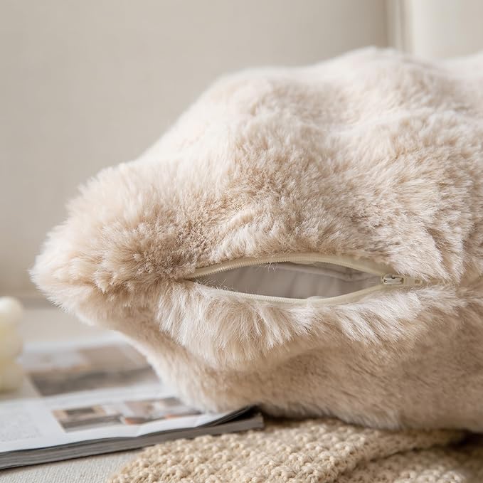 Pack of 2 Thick Plush Throw Pillow Covers Fluffy Wave Faux Fur Decorative Cushion Covers Soft Wool Pillowcase for Sofa Couch Livingroom 20x20 Inch Beige