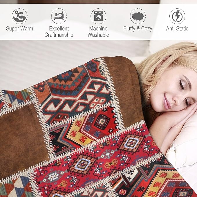 Southwest Aztec Throw Blanket, Native Bohemian Retro Patchwork Traditional Geometric Soft Flannel Blanket Warm Blankets for All Seasons, Bed Couch Sofa 40"x50"
