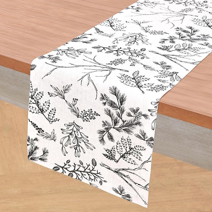 Solino Home 100% Pure Linen Christmas Table Runner 108 Inch Long - Black/White Table Runner 14 x 108 Inch - Handcrafted and Machine Washable - Winter Forest Print