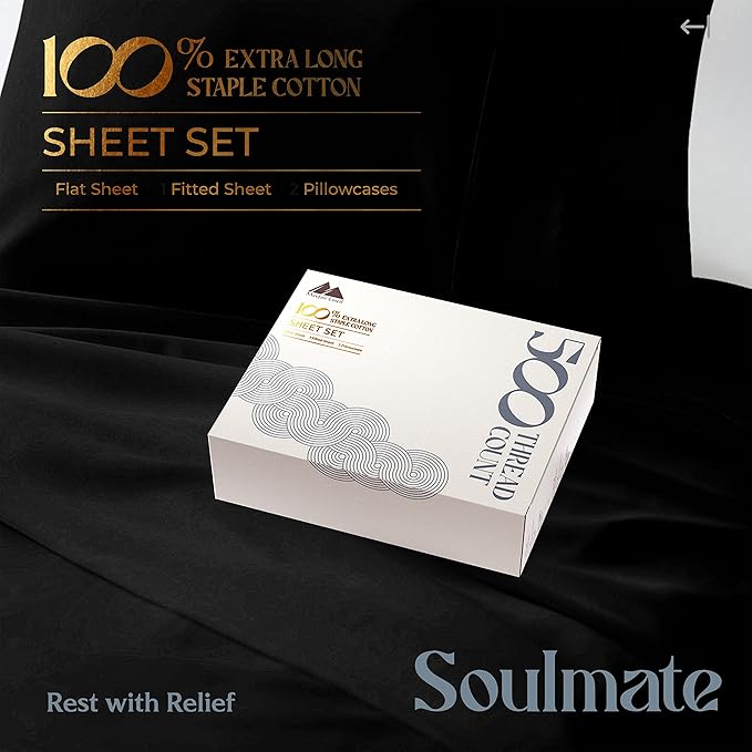 Mayfair Linen 500 Thread Count 100% Cotton Sheets King Size Bed Set - 4 PC King Bed Sheet Set Cotton (Black), Soft, Cooling, Sateen Weave 16" Deep Pocket Bedsheet for Hot Sleepers (Fits 18" Mattress)