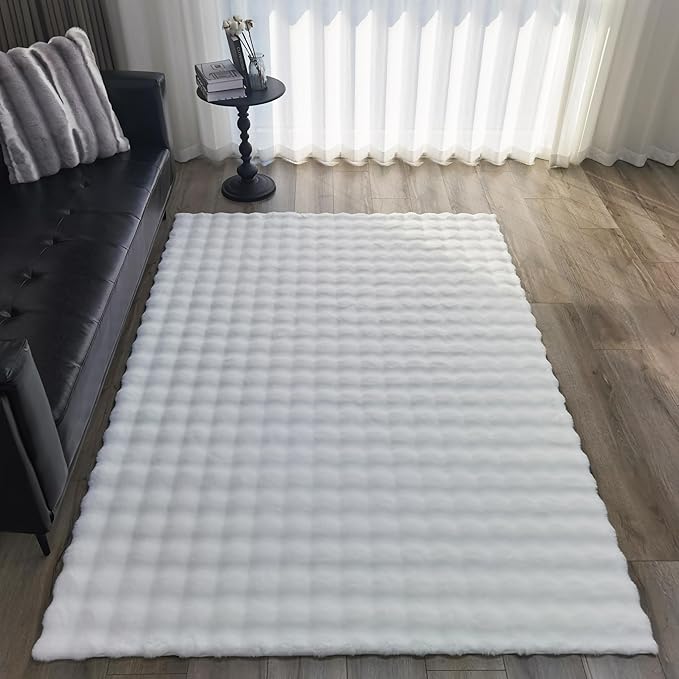 GLORY RUGS Area Rugs Bubble Soft Faux Rabbit Fur Rug 5x7 Polar White Plush Carpet Shag Cozy Fluffy Rug Non Slip Rugs, Machine Washable Shaggy Area Rug Bedroom Living Room and Dining Room.