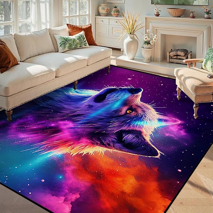 6' x 9' Galaxy Wolf Rug Large 3D Fierce Wolves Space Area Rugs for Bedroom Living Room Playroom Gameroom Boys Kids Colorful Glitter Throw Rugs Floor Mat Carpet,180 X 275cm