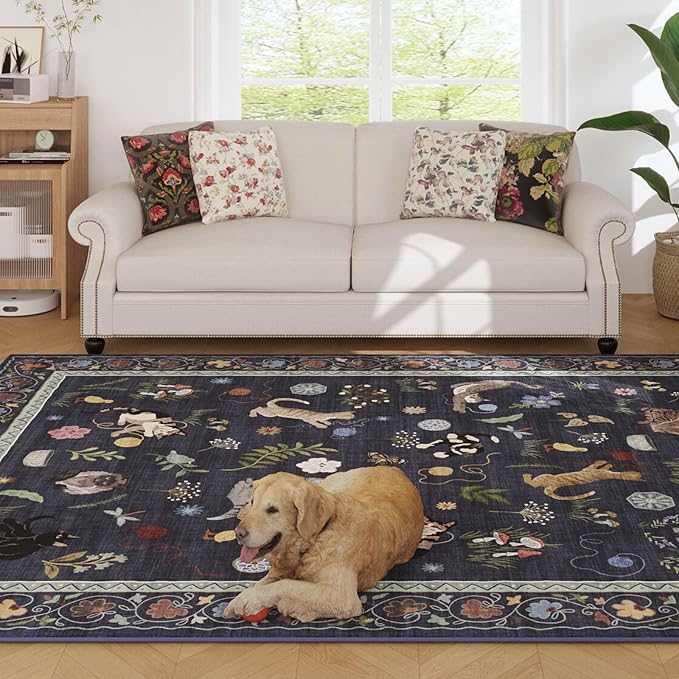 Rugcomf Living Room Rug 5x7 Rug Machine Washable Boho Area Rug Non Slip Floral Animal Cat Vintage Low Pile Large Rugs for Living Room Bedroom Farmhouse Dining Room Kids Playroom, Cobalt Blue