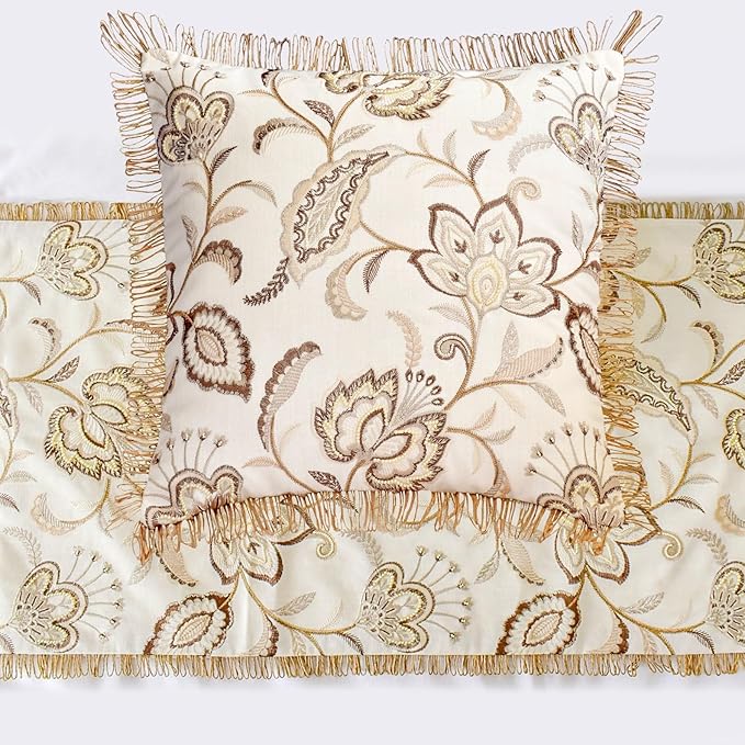 The HomeCentric King/Queen/Twin Beige Decorative Bed Runner CA King 86"x18" Bed Runner Without Pillow Cover, Floral, Pearl, Jute Lace, Embroidery Bed Scarf on Cotton Fabric - Floral Luster