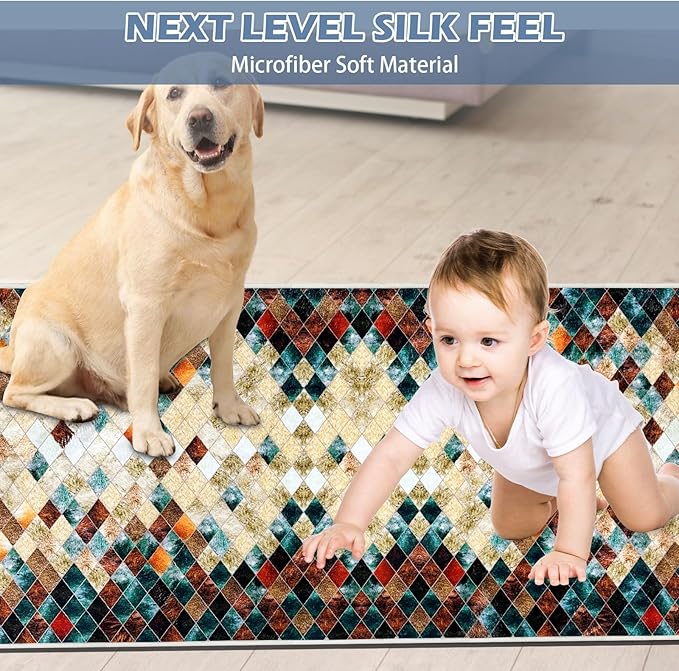 Runner Rug Washable 4x80 FT, Non Slip Rubber Backing Abstract Carpet, Soft Area Rugs for Bedroom Kitchen Hallway Entryway Bathroom, Customized