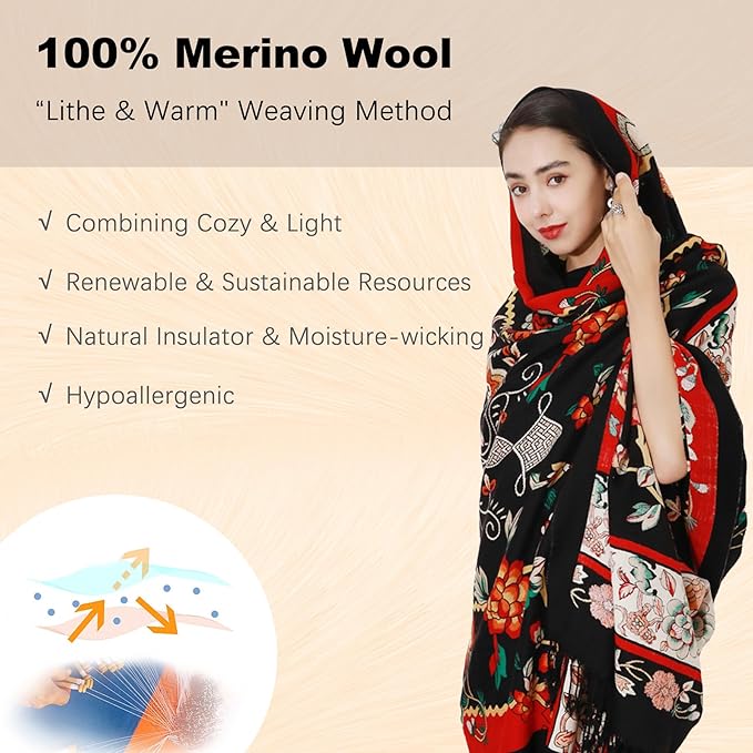 DANA XU 100% Merino Wool Pashmina Shawl for Women 96"x43", Oversized Cashmere Wrap with Tassels, Floral Travel Blanket Cape