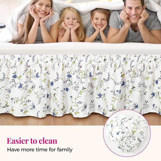 RIMELA Sweet Blueberry Bed Skirt Queen Size 15 Inch Drop, Elastic Bed Skirting for Bed Frame, Bedding Dust Ruffle Easy to Install, Lightweight Wrap Around Adjustable Bedskirt,Bedroom Decor