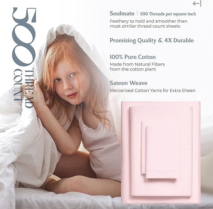 Mayfair Linen 500 Thread Count California King Cotton Sheets - 4 PC Cal King Size Bed Sheet Set Cotton (Blush), Cooling, Sateen Weave 16" Deep Pocket Bedsheet for Hot Sleepers (Fits 18" Mattress)