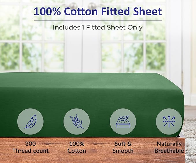 ROYALE LINENS 300 Thread Count 100% Long Staple Combed Cotton Fitted Sheet Queen - Super Soft Deep Pocket Bottom Sheet - Fitted Sheets Only - Elastic Sheets (Queen, Hunter Green)