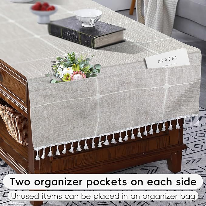 Coffee Table Cloth, Table Cover with Pockets and Tassel, Coffee Color Grid for Living Room Small Rectangle Tablecloths Washer Dryer Fridge Top Dust Cover,Easy Care Machine Washable