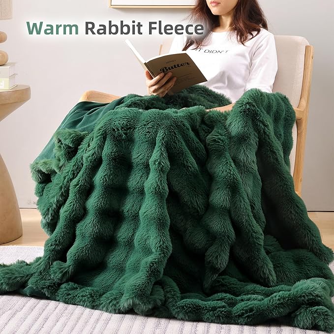 Smoofy Faux Fur Throw Blanket for Couch – Dark Green Fluffy Cozy Rabbit Fleece, Plush Soft Bubble Blanket for Sofa & Bed, for Mom, Warm Fuzzy Home Room Decor Throw 60" x 80"