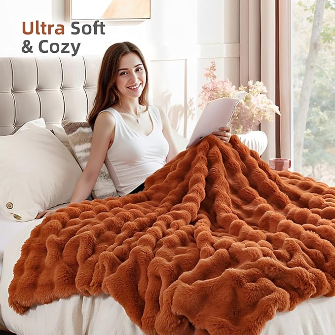 Smoofy Faux Fur Fall Throw Blanket for Couch – Burnt Orange Fluffy Cozy Rabbit Fleece, Plush Soft Bubble Blanket for Sofa & Bed, for Mom, Warm Fuzzy Home Room Decor Throw 50" x 60"