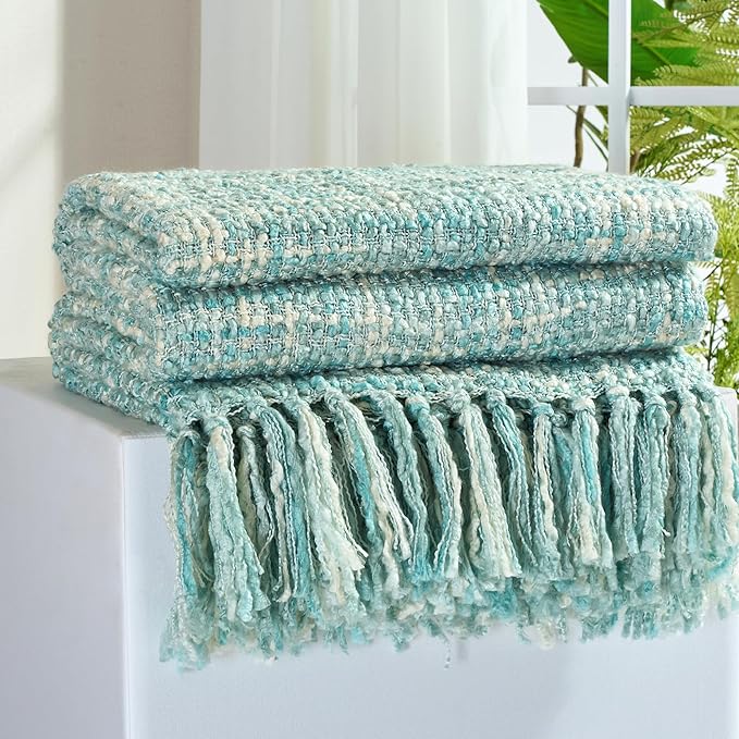 Multi-Color Turquoise Cable Knitted Throw Blanket for Couch,60"X80" Boho Style Textured Blankets for Home Decor,Super Soft Warm Cozy Chunky Knit Blanket with Decorative Tassels for Bed