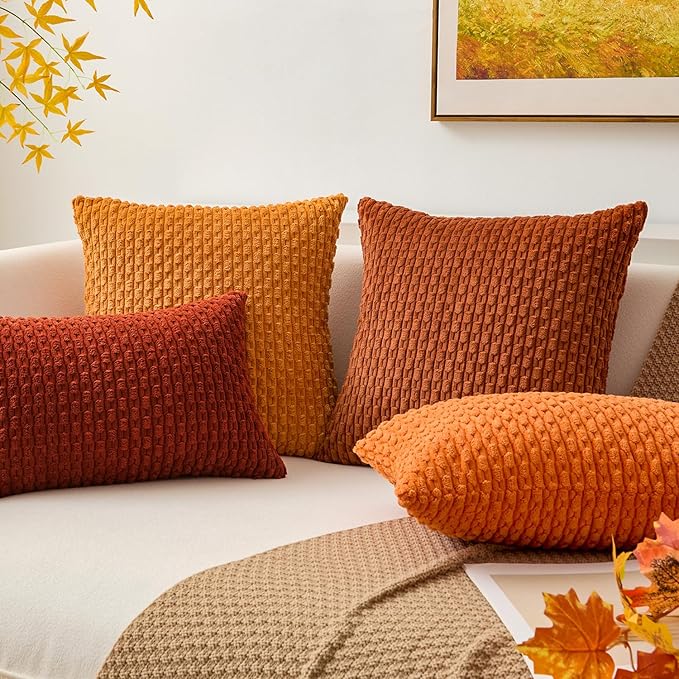 Kevin Textile Fall 14x24 Inch Pillow Cover 1 Pack Boho Decorative Soft Striped Corduroy Lumbar Farmhouse Solid Color Accent Rectangle Cushion Case for Living Room Couch Sofa Bed, Rust