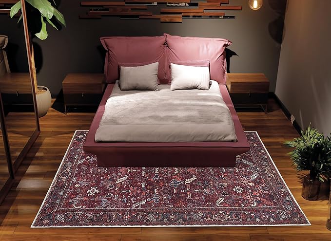 Bloom Rugs Washable Non-Slip 8' x 10' Rug - Burgundy Traditional Bordered Area Rug for Living Room, Bedroom, Dining Room, and Kitchen - Exact Size: 8' x 10'