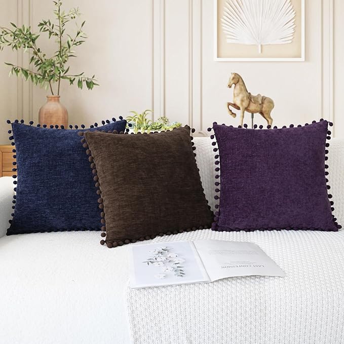 CaliTime Throw Pillow Covers Decorative 22 X 22 Inches Pack of 2 Cozy Solid Dyed Soft Chenille Cushion Cases with Pom Poms for Couch Sofa Bed Living Room Home Coffee