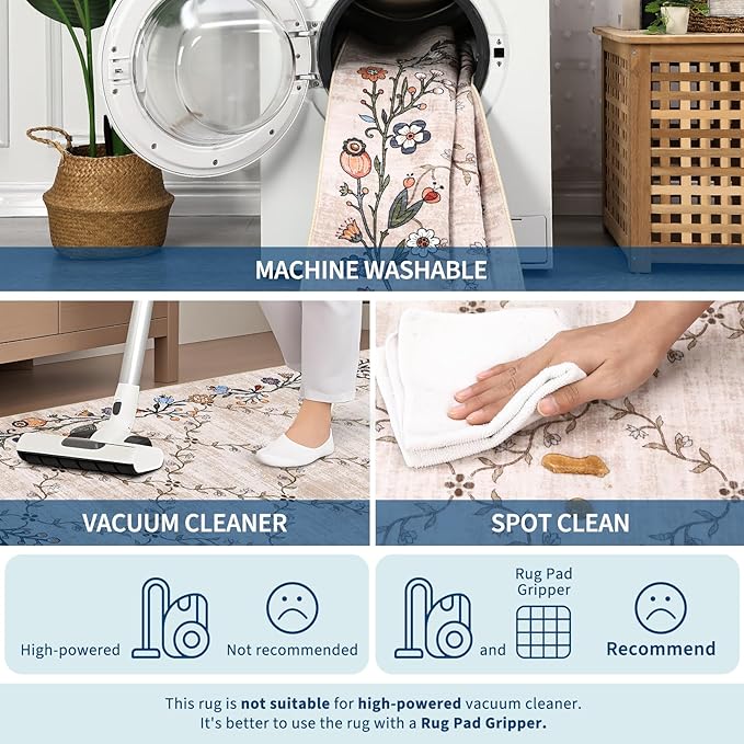 Garveehome 5x7 Washable Floral Area Rugs for Living Room: Modern Floral Non Slip Large Area Rugs for Bedroom, Large Machine Washable Living Room Low Pile Carpet with Non-Slip Backing Beige 5 ft x7 ft.