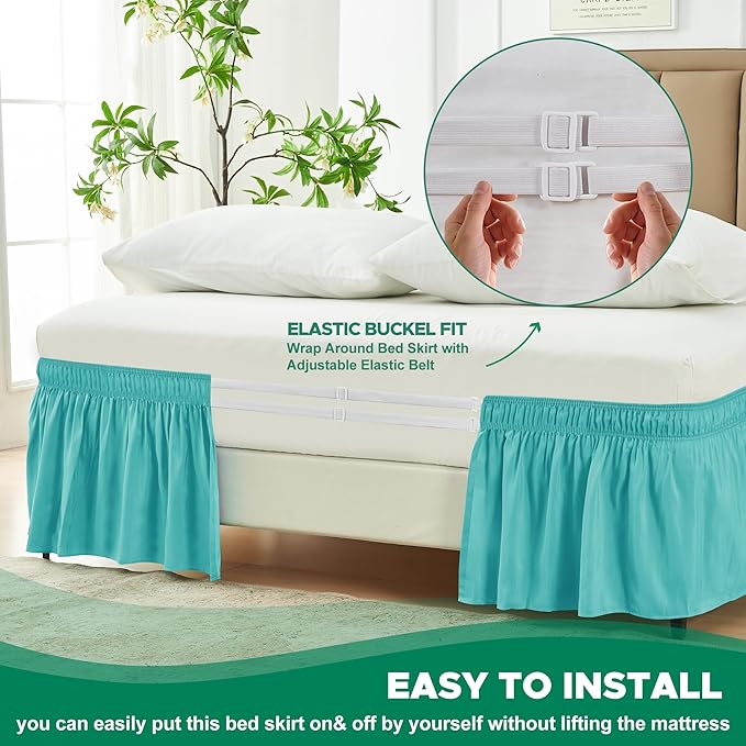 Biscaynebay Wrap Around Bed Skirts for Queen Beds with Short Drop of 12", Aqua Adjustable Elastic Dust Ruffles Easy Fit Wrinkle Resistant Silky Luxurious Fabric Machine Washable