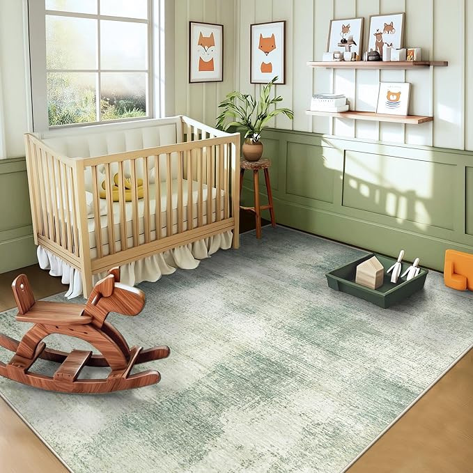 5x7 Area Rugs for Living Room: Washable Rug Modern Abstract Neutral Soft Rugs Non-Slip Low-Pile Indoor Floor Carpet for Bedroom Dining Room Nursery (Green, 5'x7')