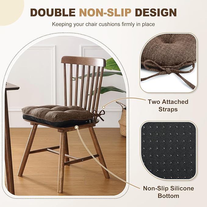 downluxe Indoor Chair Cushions for Dining Chairs, Tufted Overstuffed Textured Foam Kitchen Chair Pads with Ties and Non-Slip Backing, 15.5" x 15.5" x 4", Brown, 6 Pack