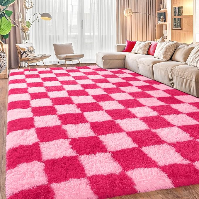 Area Rugs for Living Room, Soft Shaggy Carpets for Living Room, Fuzzy Rugs for Kids' Room, Perfect Decor for Modern Home Hot Pink Grid 6x9 Feet