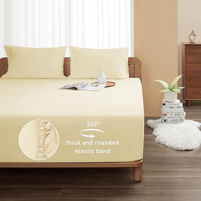 Sunflower Full Fitted Sheet, 1-Piece Deep Pocket Fitted Bottom Sheet 16", 100% Cotton Sateen Soft Breathable, Butter Cream