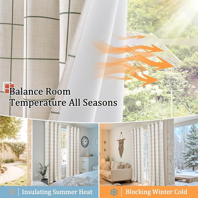 Linen Blackout Curtains for Living Room - Boho Plaid Pattern Thermal Insulated Grommet Cottage Core Window Treatments Rustic Drapes for Farmhouse, 52x84 Inch 2 Panels, Dark Green