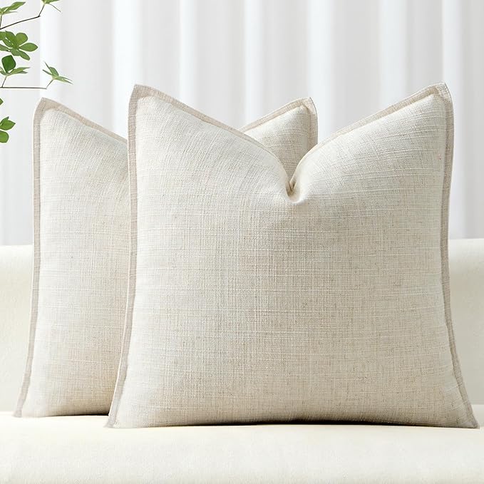 MIULEE Decorative Pillow Covers 22x22, 2 Pack Boho Farmhouse Neutral Throw Pillows for Couch, Thick Textured Modern Linen Cushion Cases Sofa Bed Living Room Home Decor, Cream White