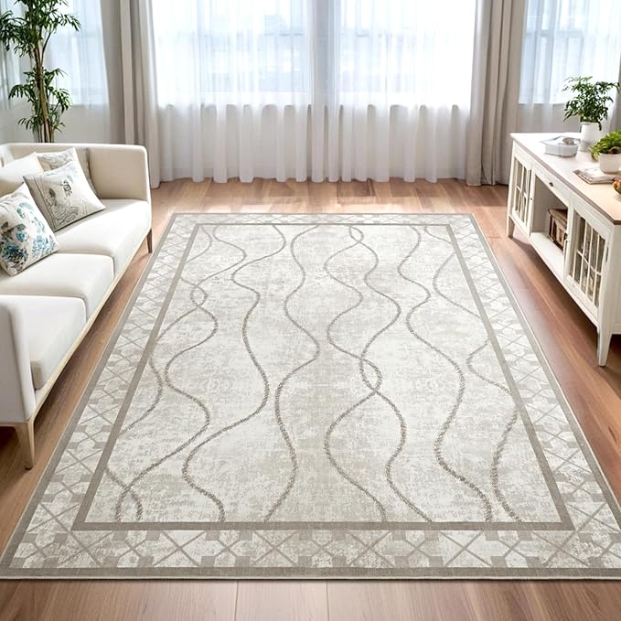 5x7 Area Rugs for Living Room, Machine Washable Rugs, Non-Slip Backing Low Pile Indoor Floor Rugs, Large Modern Carpet for Bedroom Entryway Classroom Playroom Dining Room Home Decor, Beige