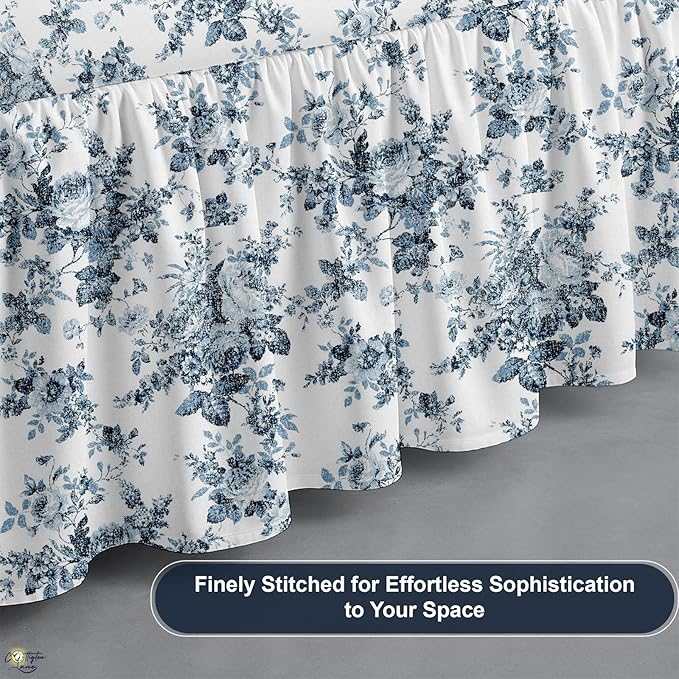 Cottington Lane Ruffled Bed Skirt Twin Size with Split Corner, Brushed Microfiber Hotel Quality Dust Ruffle, 16 Inch Drop Gathered Bedskirt, Soft, Stylish, Shrink & Fade Resistant, Blue Floral Bliss