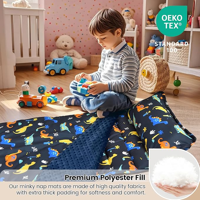 david's kids Toddler Nap Mat with Removable Pillow and Minky Fleece Blanket, Ultra Soft Slumber Bags for Boys, Perfect for Preschool, Daycare, Kids Sleeping Bags with Rollup Design, 50"x20", Dinosaur