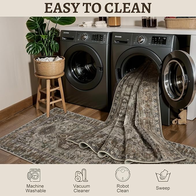 Tangsoo Washable Rug 4x6 Area Rug, Oriental Rug Indoor for Living Room, Non Slip Machine Washable Large Rugs, Soft Print Distressed Grey Carpet for Bedroom Dining Room Dorm Office