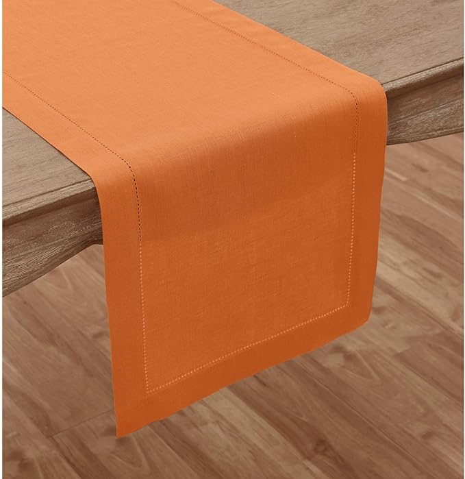 Solino Home Linen Pumpkin Table Runner 72 Inches Long - 100% Pure Linen Hemstitch Table Runner 14 x 72 Inch for Dresser, Dining, Holiday - Classic Hemstitch