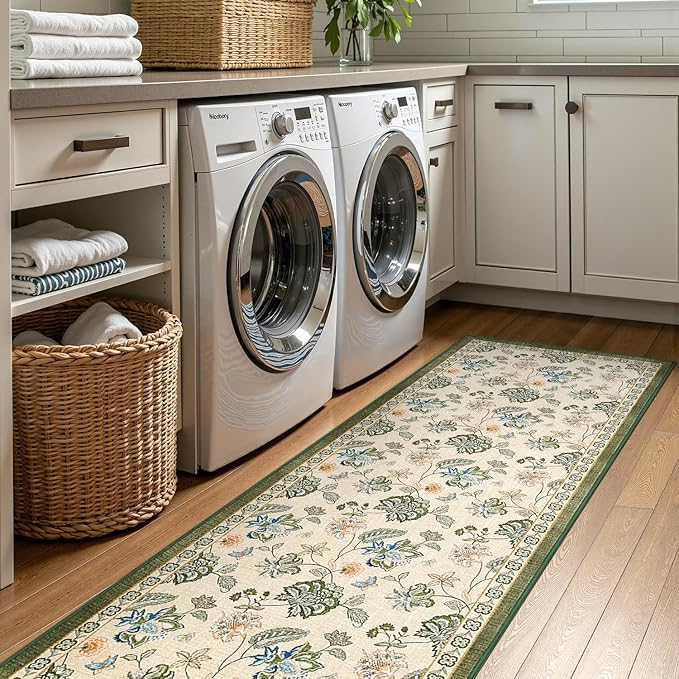 jinchan Elora 3x8 Floral Runner Rug for Hallway Washable Runner Vintage Romance Christmas Design Non Slip Thin Indoor Floor Cover Low-Profile Throw Carpet for Entryway Bathroom Bedroom, Green/Beige