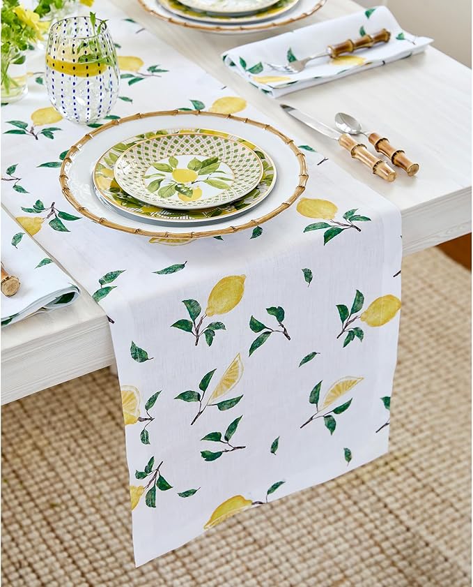 Solino Home Lemon Print Table Runner 48 inch - 100% Pure Linen Table Runner 14 x 48 Inch - Machine Washable - Botanical Lemon/White Print