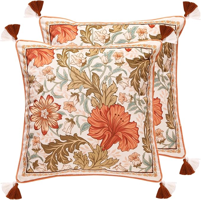 Throw Pillow Covers Pack of 2,Orange Floral Farmhouse with Wild Flowers Pattern Cozy Velvet Pillowcases,Decoration Square Pillows Cushion Covers for Couch Sofa Bed Car Chair,18"x18"