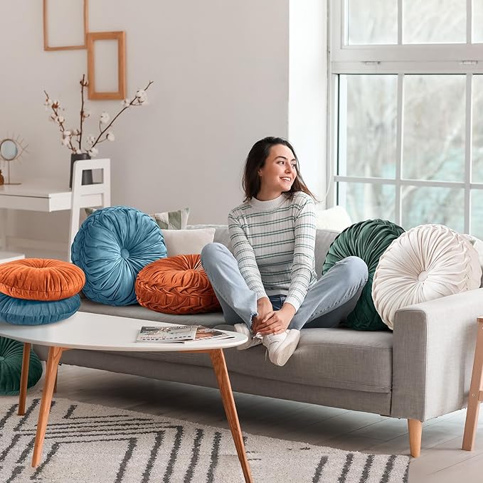 2 Pcs Round Throw Pillows Pleated Velvet Pumpkin Round Pillows Floor Cushion for Living Room Couch Chair Bed Sofa 15.7"x15.7"/13.8" x 13.8" (Orange)