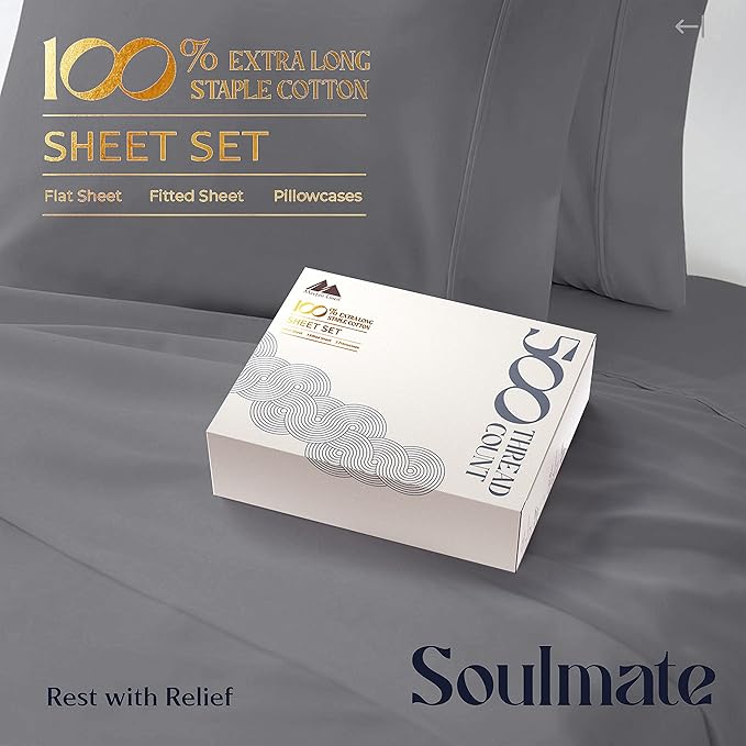 Mayfair Linen 100% Cotton Bed Sheets California King Sheet Set - 500 Thread Count Sheets Cal King Size 4 PC Set (Dark Grey), Soft, Cooling, 16" Deep Pocket Sateen Cotton Bedsheet for Hot Sleepers