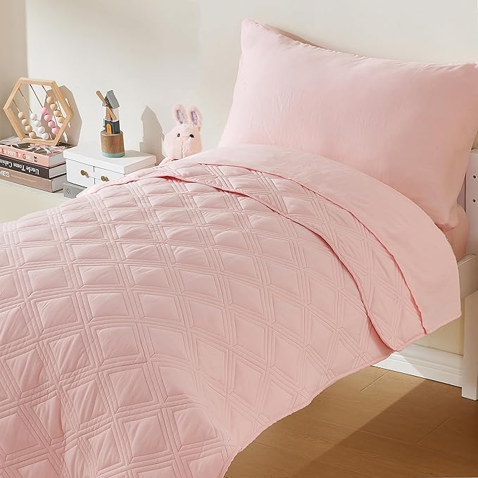 4 Piece Toddler Bedding Set for Girls Pink Geometric Stitched Soft Microfiber Crib Bed Sheets Set Lightweight Quilted Comforter Set for Baby | Include Comforter, Flat Sheet, Fitted Sheet, Pillowcase