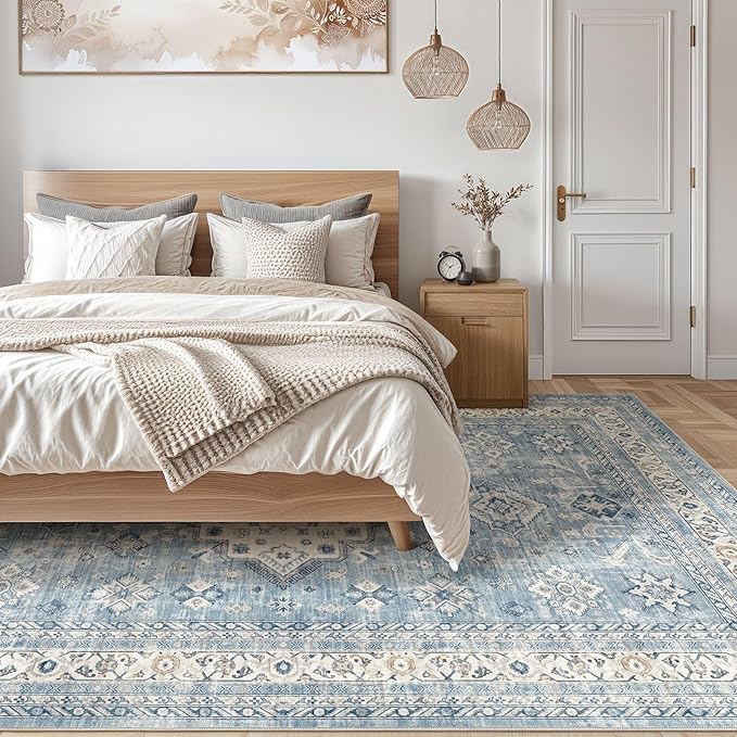 Vintage Living Room Area Rug 8x10 - Large Soft Washable Oriental Traditional Distressed Farmhouse Rugs for Bedroom - Indoor Floor Accent Carpet for Home Office House Decor - Blue
