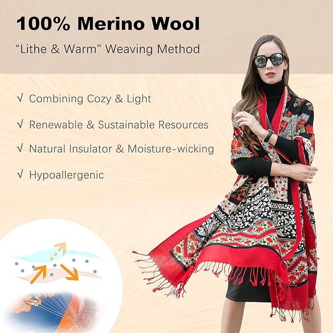 DANA XU 100% Merino Wool Extra Large Pashmina Blanket Travel Scarf Cashmere Wrap for Women Fall Winter Oversize Shawl Floral