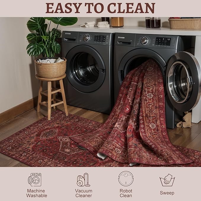 Tangsoo Washable Entryway Rugs 2x3 Vintage Non Slip Small Area Rug, Indoor Front Door Rug, Print Distressed Door Mat Indoor Entrance Soft Low Pile Throw Rug for Entry Kitchen Bedroom Dark Red