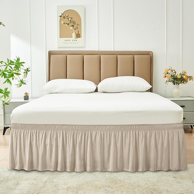 Biscaynebay Wrap Around Bed Skirts for King & Cal King Beds with Short Drop of 12", Light Camel Elastic Dust Ruffles Easy Fit Wrinkle & Fade Resistant Silky Luxurious Fabric Solid Machine Washable